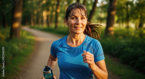 Determined runner enjoying a scenic outdoor path during her workout session.