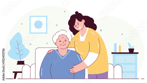 Compassionate caregiver comforts a smiling senior woman by putting an arm around her shoulder in a home setting.