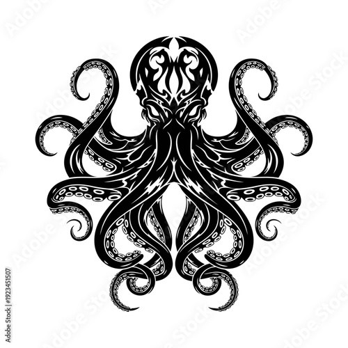 Intricate black ink illustration of a majestic octopus, its powerful tentacles and intense gaze embody the mysterious concept of deep-sea strength and ancient marine allure