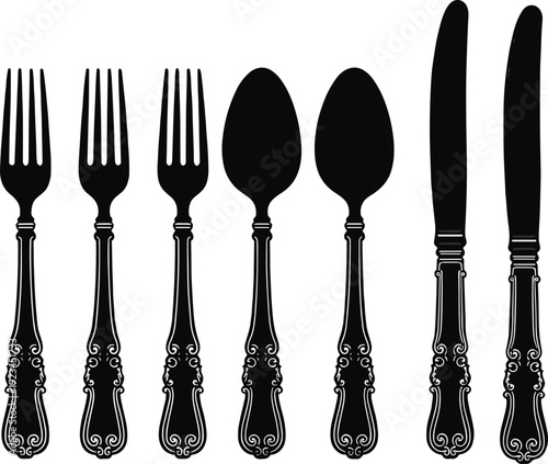 Vintage cutlery silhouettes set with forks, spoons and knives isolated on white background, ornate tableware vector illustration