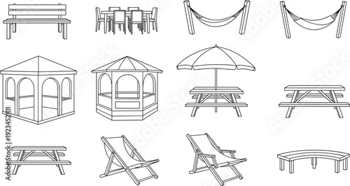 Outdoor furniture outline illustration set, garden patio bench table hammock gazebo picnic chair designs, linear exterior equipment collection