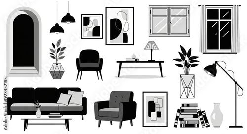 Collection of modern furniture and home decor items.
