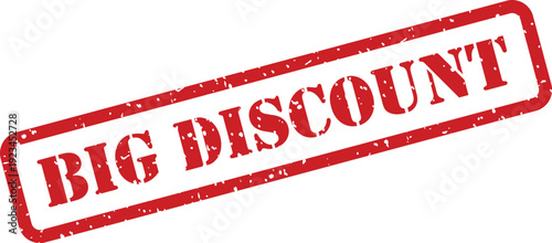 A bold red rectangular grunge effect rubber stamp prominently displays the phrase BIG DISCOUNT on a white surface