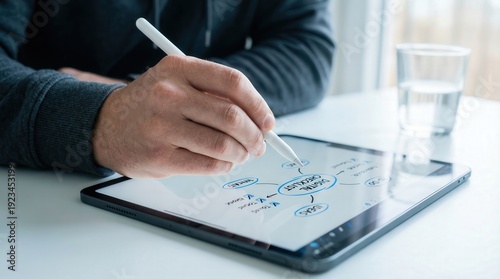 Person using a digital tablet with a stylus to create a mind map on a white screen, with a glass of water visible on a table in a bright indoor setting
