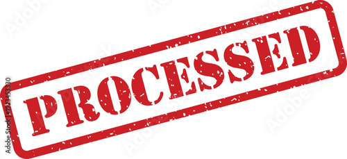 A bold red rubber stamp clearly displaying the word PROCESSED with a worn texture against a clean white backdrop