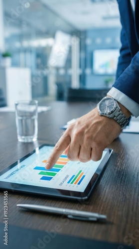Business professional in a suit interacts with a tablet displaying colorful graphs and charts, with a glass of water and a pen on a wooden table in a modern office environment