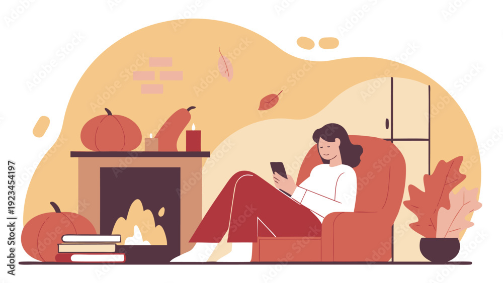 Fototapeta premium Woman relaxes in an armchair by a fireplace, using a smartphone with autumn pumpkin decorations.