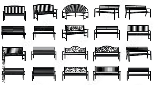 Park bench silhouettes collection, outdoor furniture designs set, wooden metal benches, urban garden seating, isolated black vector illustration