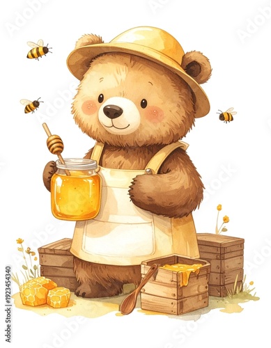 ハチミツを採取するかわいい熊の養蜂家の水彩イラスト（Cute bear beekeeper collecting honey, watercolor illustration isolated on white）