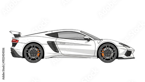 Detailed vehicle autocad blueprint of a modern sports car with sleek design and orange brake calipers