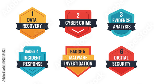 Six digital security and cyber crime concept badges for online safety