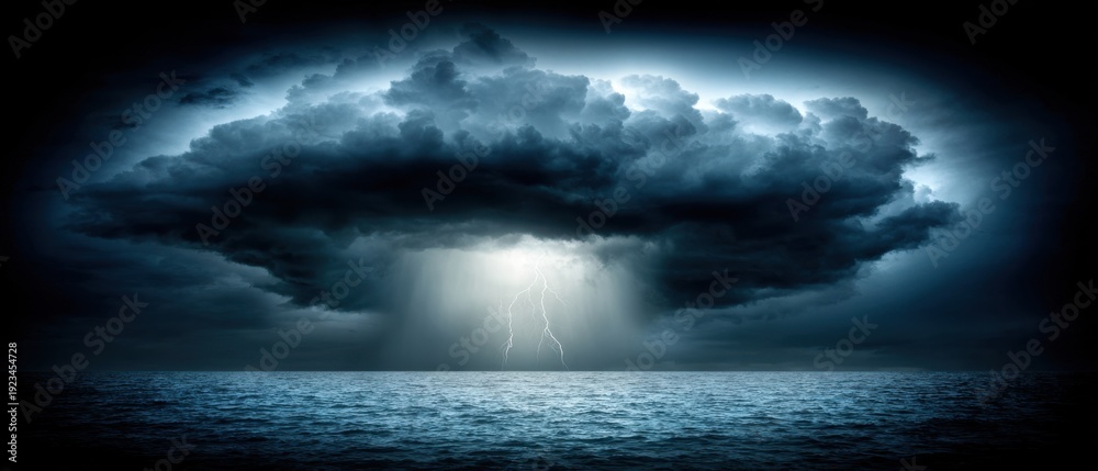 Obraz premium Stormy seascape with dark clouds and lightning above the ocean