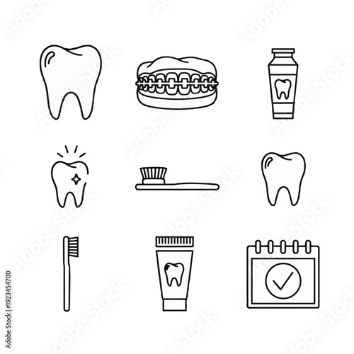 Dental care oral hygiene line art icons set featuring teeth, braces