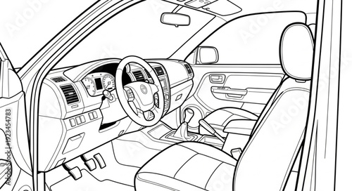 Car Interior Line Drawing Illustration.