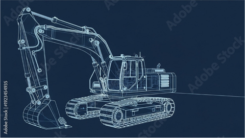 Detailed vehicle autocad blueprint of heavy machinery excavator on dark background 3D model