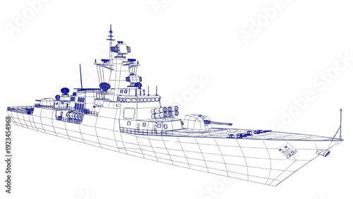 Detailed vehicle autocad blueprint of a naval ship viewed from the side in a technical environment