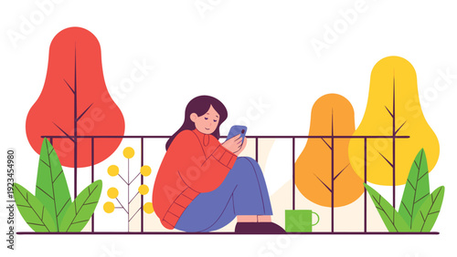 Woman sits on a balcony railing, using her smartphone and drinking from a cup, surrounded by autumn trees.