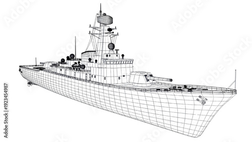 Detailed vehicle autocad blueprint of a naval ship in a wireframe 3D model viewed from an isometric perspective
