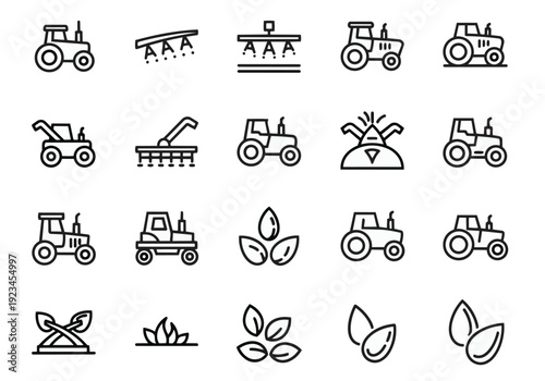 Outline icons depict tractors, agricultural machinery, planting
