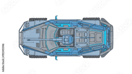 Top view of a vehicle autocad blueprint design with detailed mechanical components and structural layout