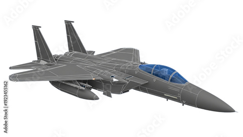 Detailed vehicle autocad blueprint of a modern fighter jet aircraft in flight mode isolated on a plain background