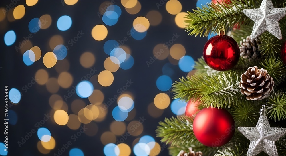 Obraz premium Close-up of decorated Christmas tree branch with red ornaments and pine cones against a blurred bokeh background of warm lights