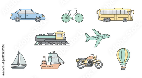 A collection of various transportation vehicles and modes of travel illustrated with simple line art icons in pastel colors.