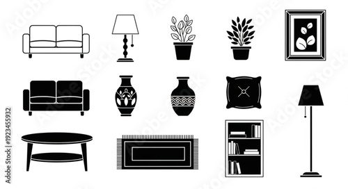 Collection of interior design elements and furniture icons.