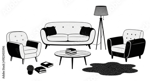 Mid century modern living room furniture set illustration.