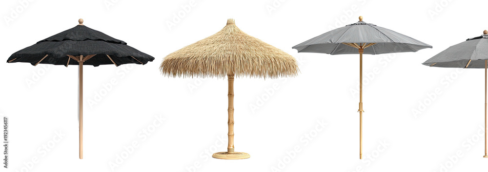 Obraz premium Four different styles of open outdoor shade umbrellas set against a solid black background