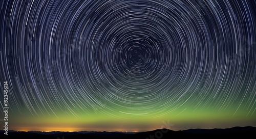 Circular star trails captured over a silhouetted landscape with a green aurora borealis glow on the horizon.