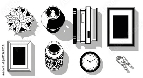 Collection of decorative objects and home decor items arranged on a white background.