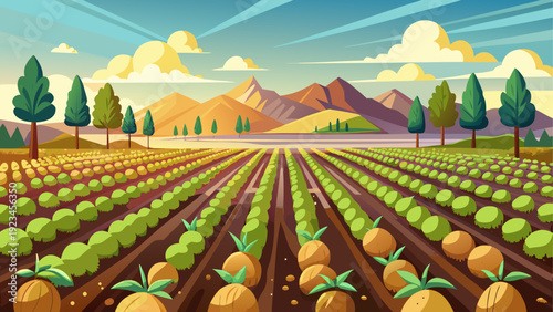 A wide potato farm with organized rows of potato plants growing from soil across open agricultural land simple farming layout flat minimal vector illustration calm countryside farming scene