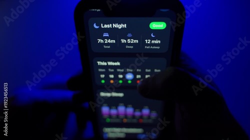 Wallpaper Mural User holding a smartphone with an open mobile app for monitoring sleep quality in a dark room with blue backlight Torontodigital.ca