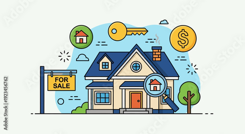 A house with a "FOR SALE" sign and real estate icons, illustrating property buying or selling.