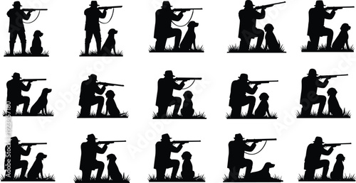 Set of black silhouettes featuring a hunter with rifle and loyal hunting dog in various poses including standing and kneeling on white background
