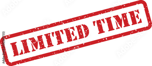 A distressed red rubber stamp featuring the words LIMITED TIME positioned on a bright white surface