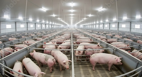 Modern pig farm interior with rows of pigs in industrial livestock facility