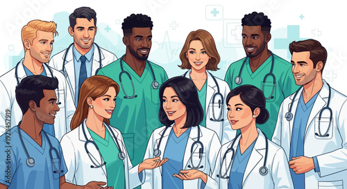 Diverse medical team doctors nurses healthcare professionals group discussion collaboration hospital staff modern flat illustration isolated background