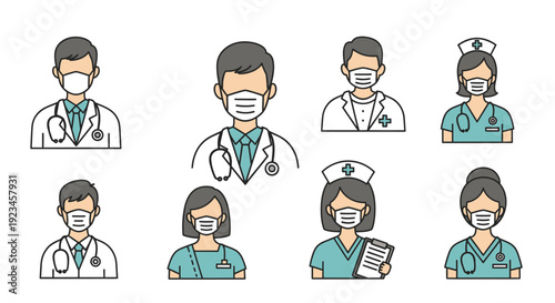 Healthcare workers avatars wearing face masks doctors nurses medical staff icons set modern flat illustration isolated on white background