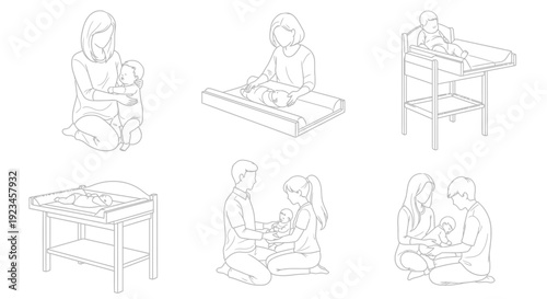Baby care activities set bathing feeding changing sleeping parenting routine line illustration collection isolated on white background childcare concept