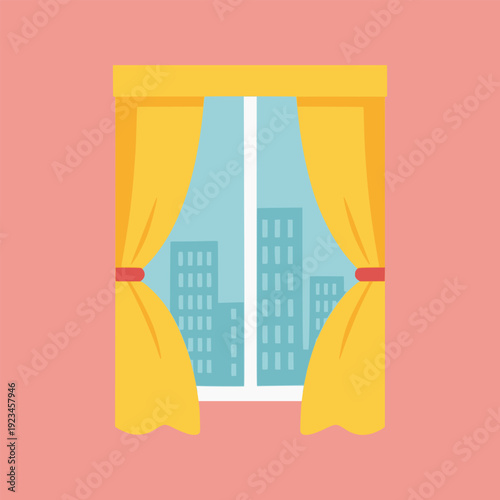 window curtain open with cityscape view skyscrapers flat color vector illustration template design