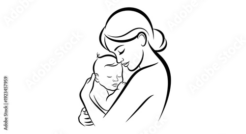 Mother hugging baby line art maternal love parenting bonding care concept minimal illustration isolated on white background for childcare and family theme