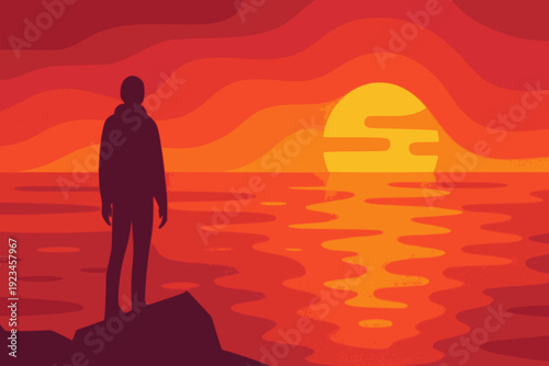 man standing looking at sea sunset time nature beauty background flat color vector illustration template design