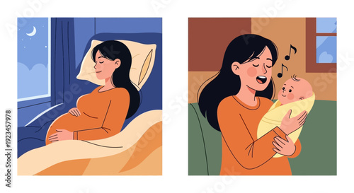 Mother resting in bed and holding baby happy parenting moments maternal care lifestyle illustration cozy home scene modern flat design isolated background