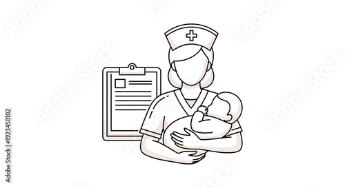 Nurse holding newborn baby medical care concept maternal healthcare professional childcare support minimal line icon illustration isolated on white background