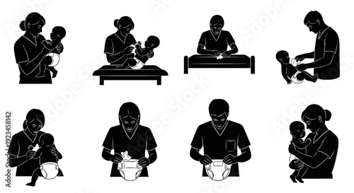 Set of mother and baby care silhouettes breastfeeding feeding bathing nurturing infant care activities icons collection black silhouette vector isolated on white background