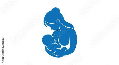 Modern minimalist blue silhouette illustration of mother breastfeeding newborn baby, maternal love bonding moment, motherhood concept icon isolated on light background, nurturing care symbol, flat vec