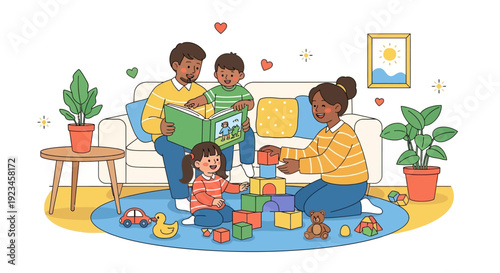 Happy family playing with children at home colorful illustration parents and kids bonding activity toys living room scene modern flat design family time love care and parenting lifestyle concept