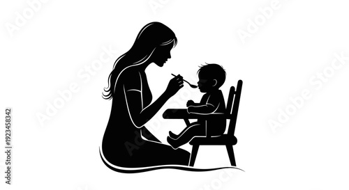 Mother Feeding Baby Silhouette - Caring Mom and Child Bonding Moment, Parenthood and Family Love Concept, Infant Feeding in High Chair, Black Vector Illustration